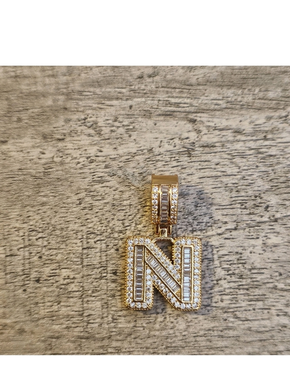 Gold Initial 'N' Pendant Necklace Charm with Clear Stones